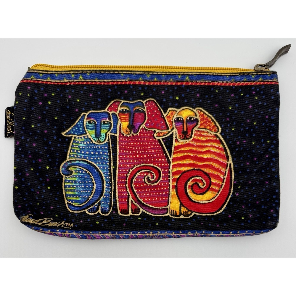 Laurel Burch Dog Tails Cosmetic Bag Zipper Pouch Colorful Dogs Boho 9" Travel